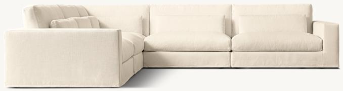 Shown in Natural Perennials® Performance Textured Linen Weave; Classic sectional consists of 1 left-arm chair, 2 armless chairs, 1 modular corner chair and 1 right-arm chair. All Classic configurations include lumbar pillows.