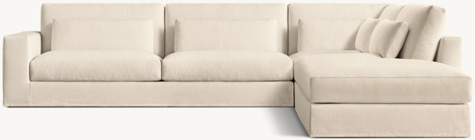 Shown in Natural Perennials® Performance Textured Linen Weave; Classic sectional consists of 1 left-arm sofa, 1 modular corner chair and 1 right open chaise. All Classic configurations include lumbar pillows.