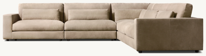 Shown in Italian Veneto Smoke; this Classic configuration includes 1 left-arm chair, 2 armless chairs, 1 modular corner chair and 1 right-arm chair. All Classic configurations include lumbar pillows; cushion configuration may vary by component.