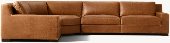 Shown in Italian Berkshire Chestnut; sectional consists of 1 left-arm chair, 1 rounded corner, 1 armless chair and 1 right-arm chair. Cushion configuration may vary by component.