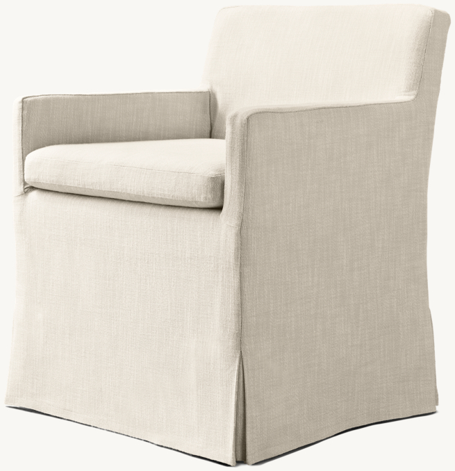 Three Quarter view of Belgian Track Arm Slipcovered Outdoor Low-Back Dining Armchair 
