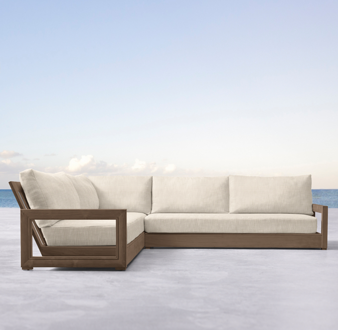 Cushions shown in Natural Perennials® Performance Textured Linen Weave. Sectional consists of 1 two-seat left-arm sofa and 1 four-seat right-arm return sofa.