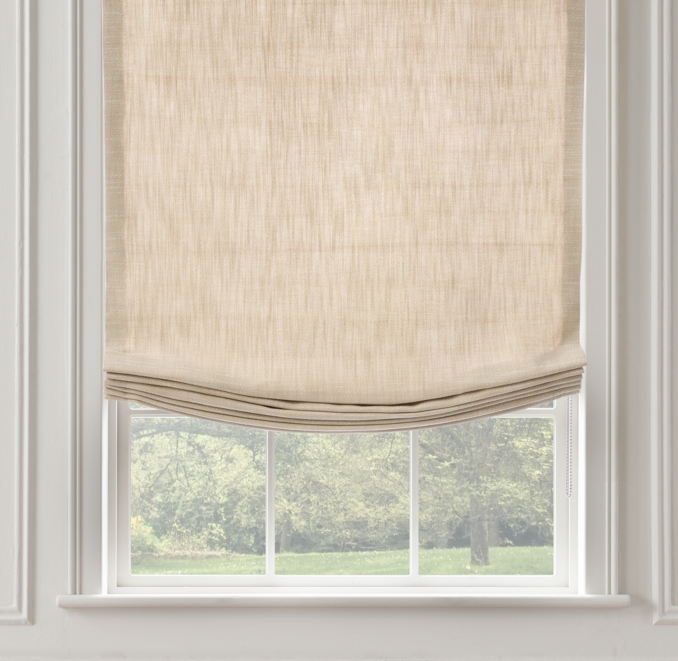 Front view of Perennials® Performance Textured Linen Weave Relaxed Roman Shade shown in Adding Mink