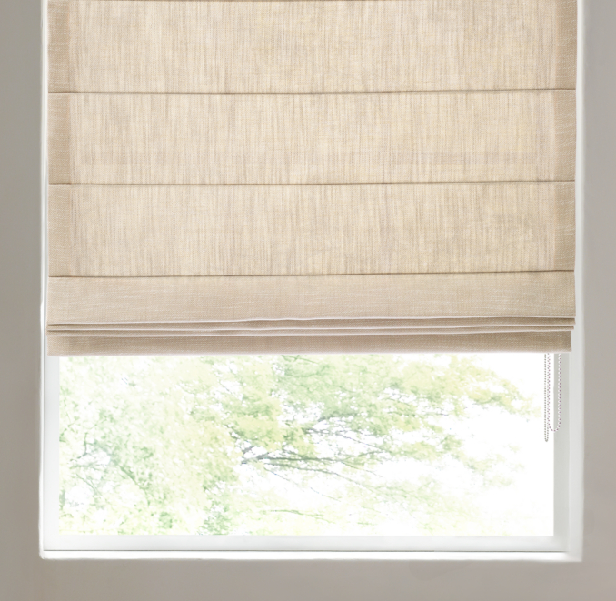 Front view of Perennials® Performance Textured Linen Weave Tailored Roman Shade shown in Adding Mink