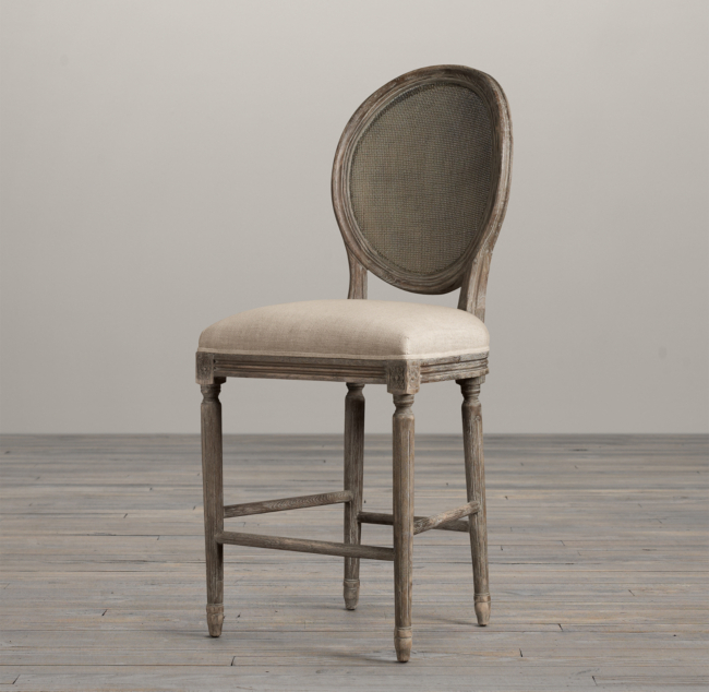 French Round Cane Back Upholstered Counter Stool - Vintage French Round Cane Back Upholstered Counter Stool