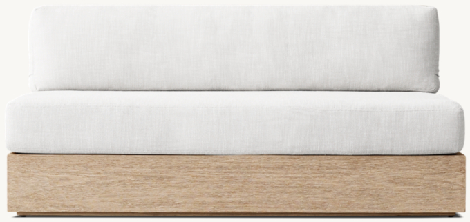 Front view of Marbella Two-Seat Armless Sofa Cushions shown in Weathered Teak With Perennials Textured Linen Weave - White