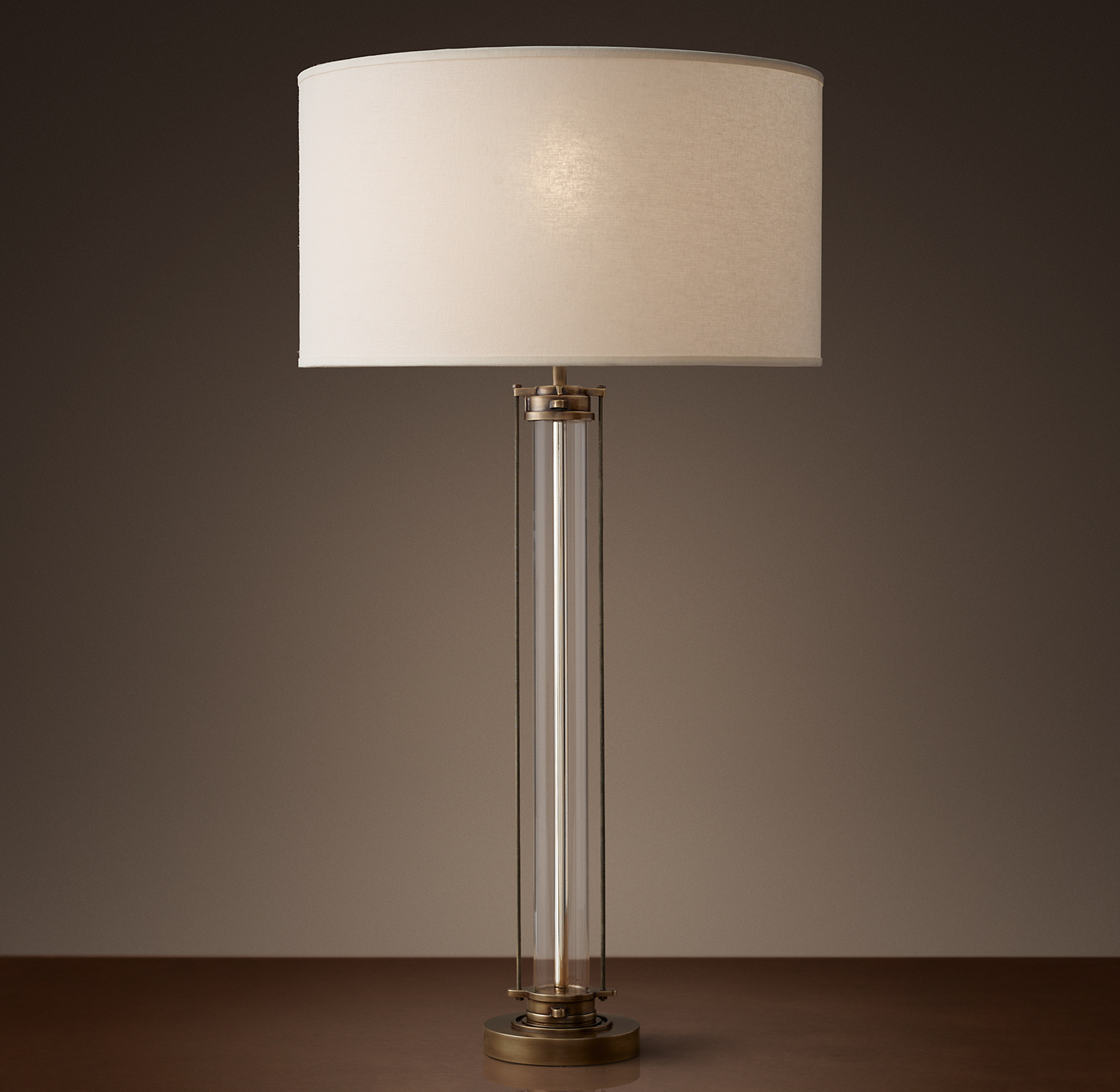 Shown in Vintage Brass with French Drum Linen Shade, size I, in White Linen and Frosted lining (sold separately).