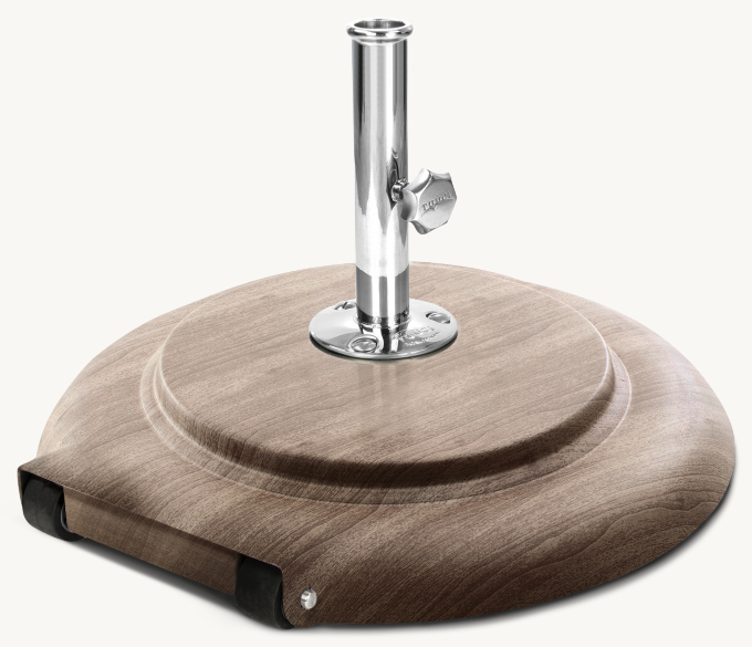 Three Quarter view of Tuuci® Wheeled Umbrella Base shown in Stainless Steel.