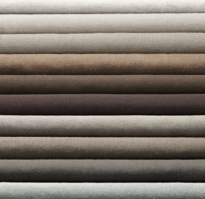 Washed Belgian Flax Linen Roman Shade Swatch shown in White, Sand, Linen, Mocha, Fog