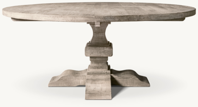 Front view of Reclaimed Oak Baluster Round Dining Table shown in Reclaimed Grey Oak