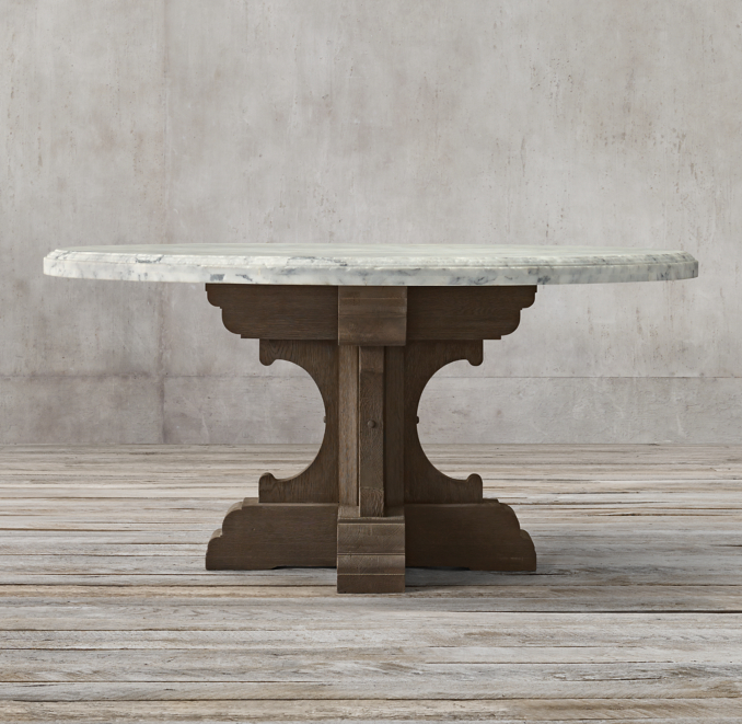 Front view of 17Th C. French Bastide Oak & Marble Round Dining Table shown in Bleached Oak Brown