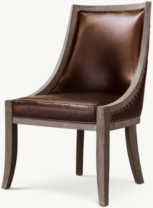 Three Quarter view of 19Th C. French Empire Leather Dining Armchair shown in Weathered Oak Drifted