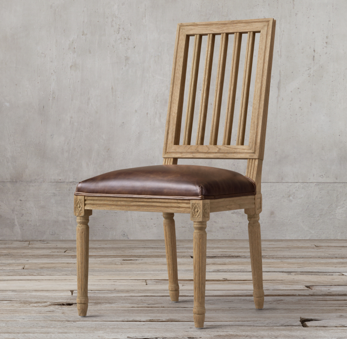 Vintage French Square Spindle Back Leather Side Chair