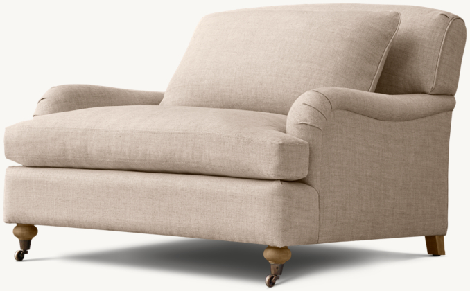Three Quarter view of English Classic Roll Arm Chair-And-A-Half shown in Laundered Linen Bisque
