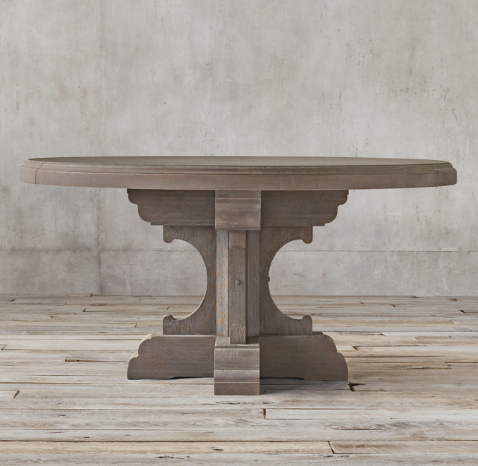 Front view of 17Th C. French Bastide Oak Round Dining Table shown in Bleached Oak Grey
