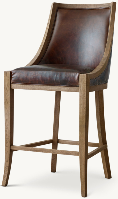 Three Quarter view of 19Th C. French Empire Leather Bar & Counter Stool shown in Weathered Oak Drifted