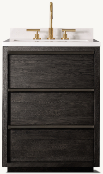 Shown in Black Oak and bronze with Pure White Caesarstone® countertop. Featured with Sutton Lever-Handle 8" Widespread Faucet.