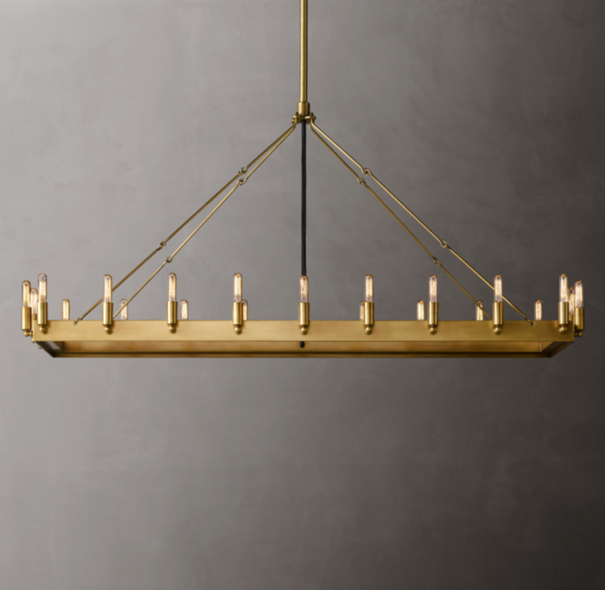 52" chandelier shown in Lacquered Burnished Brass with T6 3½" Tube Candelabra Incandescent Bulbs.