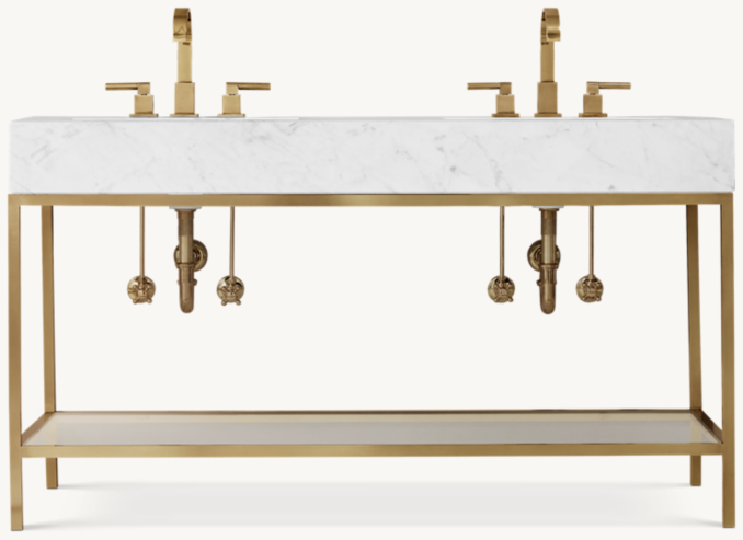 Shown in Aged Brass with Italian Carrara Marble countertop. Featured with Modern Lever-Handle 8" Widespread Faucet.