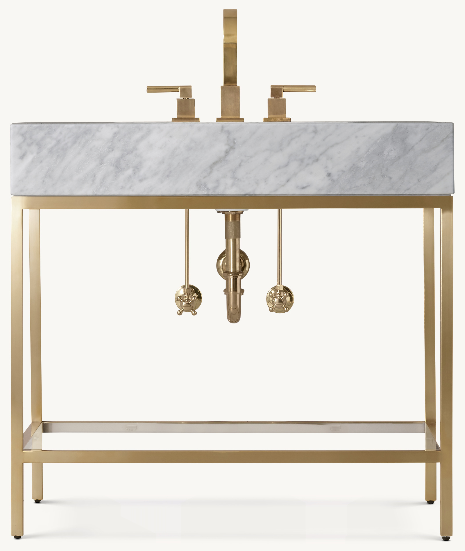Shown in Aged Brass with Italian Carrara Marble countertop. Featured with Modern Lever-Handle 8&#34; Widespread Faucet.