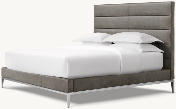 Italia Leather Horizontal Channel Panel Platform Bed - Metal Base