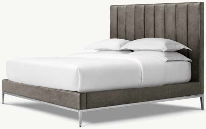 Italia Leather Vertical Channel Panel Platform Bed - Metal Base