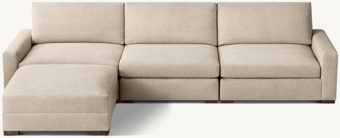 Shown in Sand Classic Belgian Linen; sectional consists of 1 left-arm chair, 1 armless chair, 1 right-arm chair and 1 end-of-sectional ottoman. Cushion configuration may vary by component. 