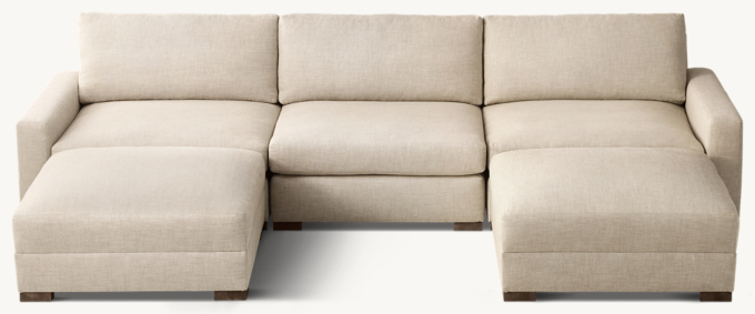 Shown in Sand Classic Belgian Linen; sectional consists of 1 left-arm chair, 1 armless chair, 1 right-arm chair and 2 end-of-sectional ottomans. Cushion configuration may vary by component. 