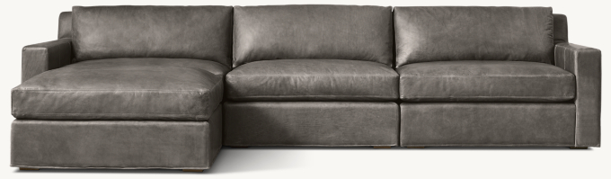 Shown in Italian Berkshire Pewter; sectional consists of 1 left-arm chair, 1 armless chair, 1 right-arm chair and 1 end-of-sectional ottoman. Cushion configuration may vary by component.