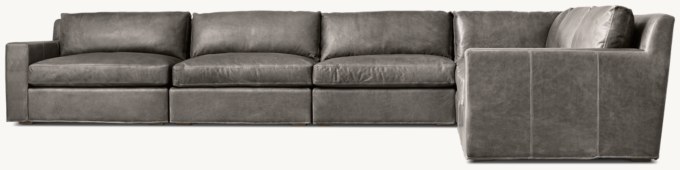 Shown in Italian Berkshire Pewter; sectional consists of 1 left-arm chair, 1 corner chair, 1 right-arm chair and 3 armless chairs. Cushion configuration may vary by component.