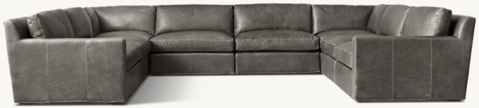 Shown in Italian Berkshire Pewter; sectional consists of 1 left-arm chair, 2 corner chairs, 1 right-arm chair and 4 armless chairs. Cushion configuration may vary by component.