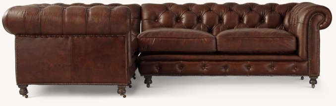 Shown in Vintage Cigar; sectional consists of 1 left-arm return sofa and 1 right-arm sofa. Cushion configuration may vary by component.