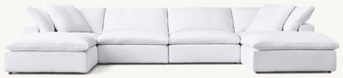 Shown in White Washed Belgian Flax Linen; preconfigured sectional consists of 2 corner chairs, 2 armless chairs and 2 end-of-sectional ottomans. Cushion configuration may vary by component.