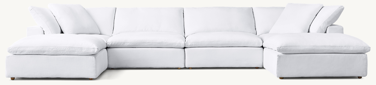 Shown in White Washed Belgian Flax Linen; preconfigured sectional consists of 2 corner chairs, 2 armless chairs and 2 end-of-sectional ottomans. Cushion configuration may vary by component.