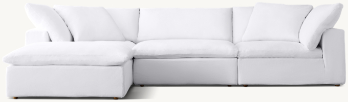 Shown in White Washed Belgian Flax Linen; preconfigured sectional consists of 2 corner chairs, 1 armless chair and 1 end-of-sectional ottoman. Cushion configuration may vary by component.