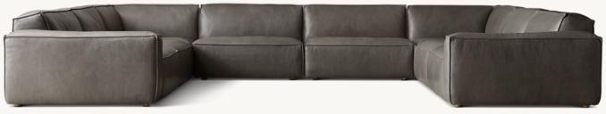 Shown in Cavalo Pewter; sectional consists of 1 left-arm chair, 2 corner chairs, 1 right-arm chair and 4 armless chairs.