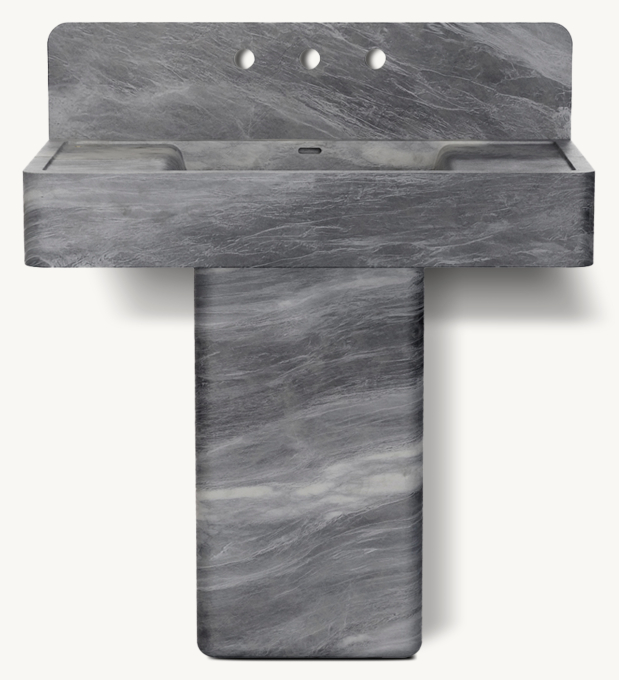 Waterworks Carlo Wall-Mounted Marble Lavatory Sink 36\" X 18 3/4\" X 6\" With 36\" X 8\" X 3/4\" Backsplash And Rounded Rectangular Pedestal 15\" X 9\" X 27\"