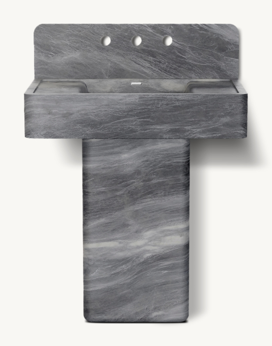 Waterworks Carlo Wall-Mounted Marble Lavatory Sink 30\" X 18 3/4\" X 6\" With 30\" X 8\" X 3/4\" Backsplash And Rounded Rectangular Pedestal 15\" X 9\" X 27\"