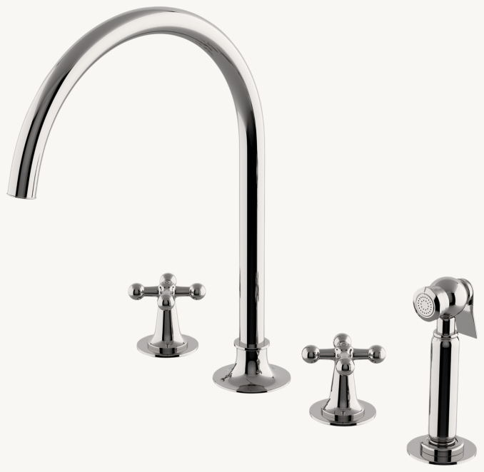Waterworks Dash Three-Hole Gooseneck Kitchen Faucet With Metal Cross Handles And Spray