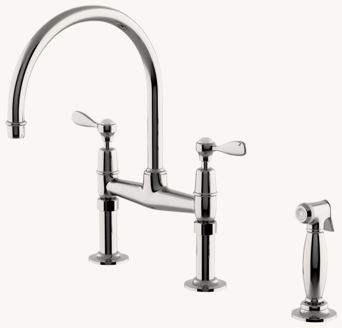Waterworks Easton Classic Two-Hole Bridge Gooseneck Kitchen Faucet, Metal lever handles And Spray