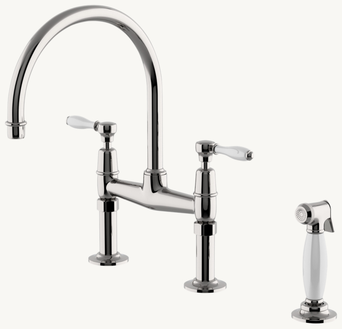 Waterworks Easton Classic Two-Hole Bridge Gooseneck Kitchen Faucet, White Porcelain Lever Handles And Spray 