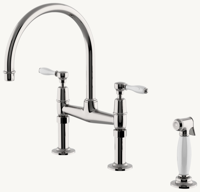 Waterworks Easton Classic Two-Hole Bridge Gooseneck Kitchen Faucet, White Porcelain Lever Handles And Spray