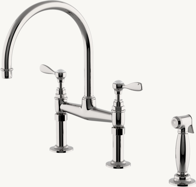 Waterworks Easton Vintage Two-Hole Bridge Gooseneck Kitchen Faucet, Metal Lever Handles And Spray 