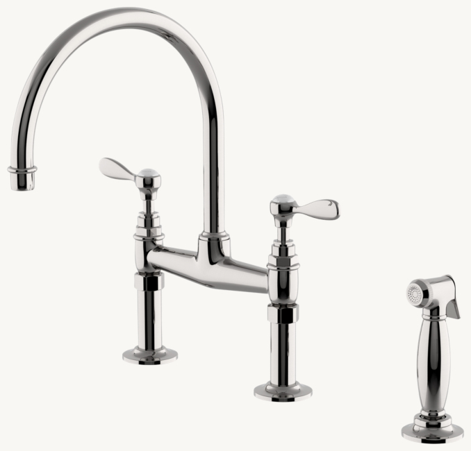 Waterworks Easton Vintage Two-Hole Bridge Gooseneck Kitchen Faucet, Metal lever handles And Spray