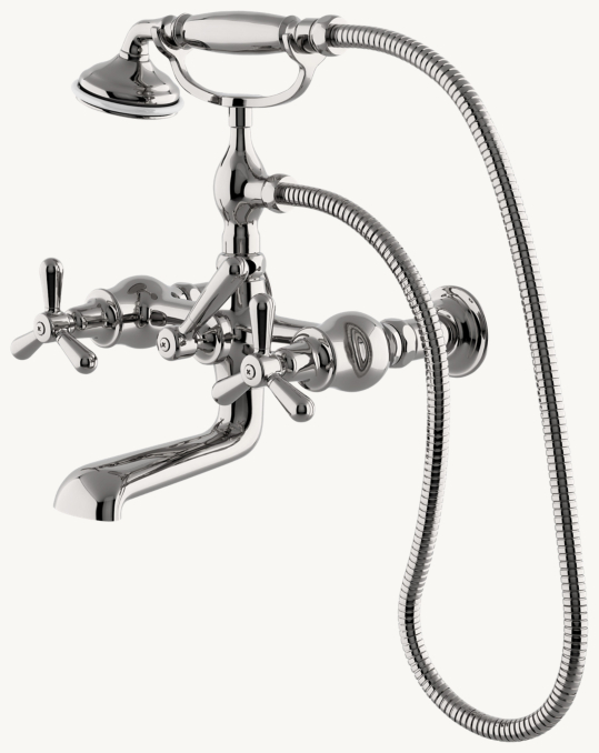 Waterworks Riverun Wall-Mounted Exposed Tub Filler With Handshower And Tri-Spoke Handles