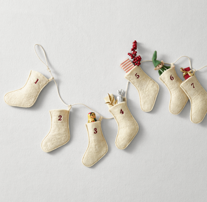 Front view of Wool Felt Stocking Advent Calendar - Ivory 