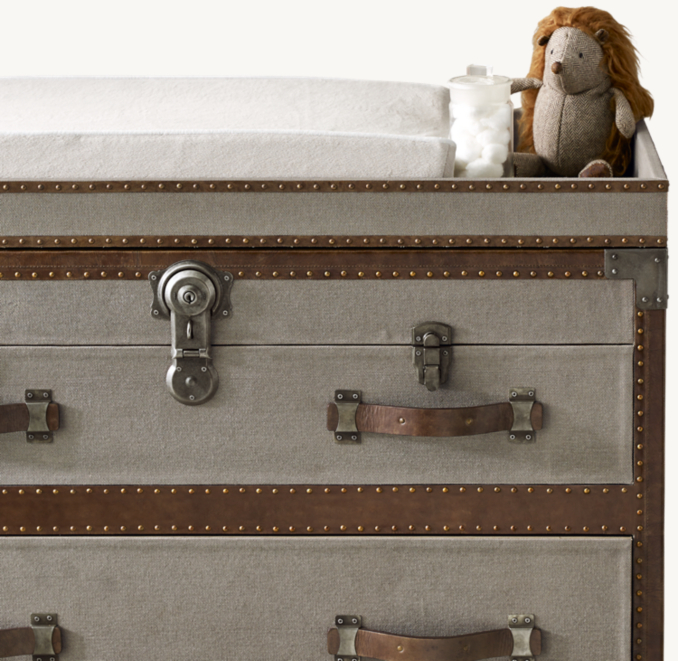 Three Quarter view of Antique Steamer Trunk Dresser & Topper Set 