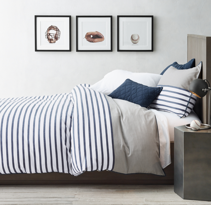 Duvet cover and sham shown in Navy. Sheet set shown in White. Quilted shams shown in Indigo.