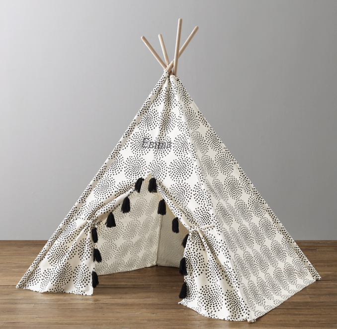 Three Quarter view of Mali Printed Canvas Indoor Teepee - Black Circles 