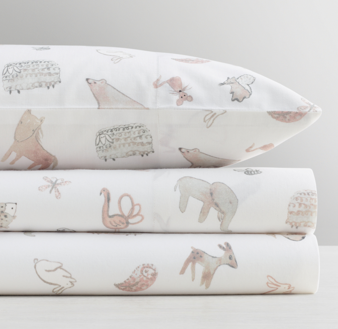 Front Stacked view of Painted Wildlife Washed Organic Percale Sheet Set 